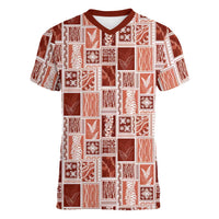 Vintage Aloha Block Quilt Women V-Neck T-Shirt Red Inspired Lei Motifs - Polynesian Pride