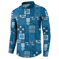 Vintage Hawaiian Quilting Patterns Button Sweatshirt Blue Style Tribal Fabric Patchwork - Polynesian Pride