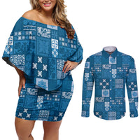 Vintage Hawaiian Quilting Patterns Couples Matching Off Shoulder Short Dress and Long Sleeve Button Shirt Blue Style Tribal Fabric Patchwork - Polynesian Pride