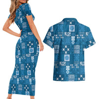 Vintage Hawaiian Quilting Patterns Couples Matching Short Sleeve Bodycon Dress and Hawaiian Shirt Blue Style Tribal Fabric Patchwork - Polynesian Pride
