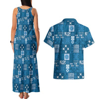 Vintage Hawaiian Quilting Patterns Couples Matching Tank Maxi Dress and Hawaiian Shirt Blue Style Tribal Fabric Patchwork - Polynesian Pride