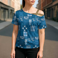 Vintage Hawaiian Quilting Patterns Cross Shoulder Shirt Blue Style Tribal Fabric Patchwork - Polynesian Pride