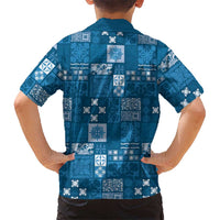 Vintage Hawaiian Quilting Patterns Family Matching Off The Shoulder Long Sleeve Dress and Hawaiian Shirt Blue Style Tribal Fabric Patchwork - Polynesian Pride