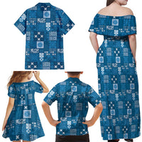 Vintage Hawaiian Quilting Patterns Family Matching Off Shoulder Maxi Dress and Hawaiian Shirt Blue Style Tribal Fabric Patchwork - Polynesian Pride
