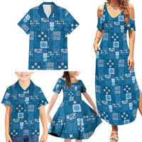 Vintage Hawaiian Quilting Patterns Family Matching Summer Maxi Dress and Hawaiian Shirt Blue Style Tribal Fabric Patchwork - Polynesian Pride