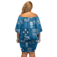 Vintage Hawaiian Quilting Patterns Off Shoulder Short Dress Blue Style Tribal Fabric Patchwork - Polynesian Pride