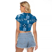 Vintage Hawaiian Quilting Patterns Raglan Cropped T Shirt Blue Style Tribal Fabric Patchwork - Polynesian Pride
