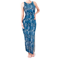Vintage Hawaiian Quilting Patterns Tank Maxi Dress Blue Style Tribal Fabric Patchwork - Polynesian Pride