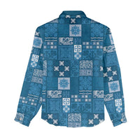 Vintage Hawaiian Quilting Patterns Women Casual Shirt Blue Style Tribal Fabric Patchwork - Polynesian Pride
