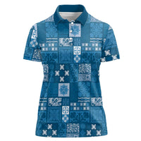 Vintage Hawaiian Quilting Patterns Women Polo Shirt Blue Style Tribal Fabric Patchwork - Polynesian Pride