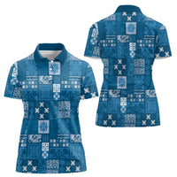 Vintage Hawaiian Quilting Patterns Women Polo Shirt Blue Style Tribal Fabric Patchwork - Polynesian Pride