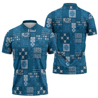 Vintage Hawaiian Quilting Patterns Zipper Polo Shirt Blue Style Tribal Fabric Patchwork - Polynesian Pride