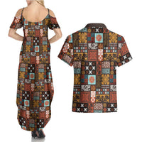 Vintage Hawaiian Quilting Patterns Couples Matching Summer Maxi Dress and Hawaiian Shirt Brown Style Tribal Fabric Patchwork - Polynesian Pride