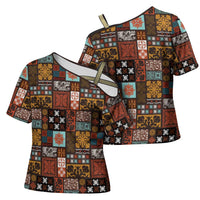 Vintage Hawaiian Quilting Patterns Cross Shoulder Shirt Brown Style Tribal Fabric Patchwork - Polynesian Pride