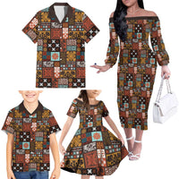 Vintage Hawaiian Quilting Patterns Family Matching Off The Shoulder Long Sleeve Dress and Hawaiian Shirt Brown Style Tribal Fabric Patchwork - Polynesian Pride