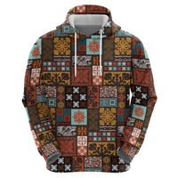 Vintage Hawaiian Quilting Patterns Hoodie Brown Style Tribal Fabric Patchwork - Polynesian Pride