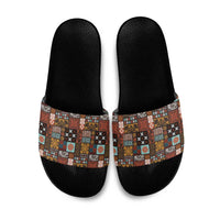 Vintage Hawaiian Quilting Patterns Slide Sandals Brown Style Tribal Fabric Patchwork - Polynesian Pride