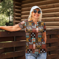 Vintage Hawaiian Quilting Patterns Women Polo Shirt Brown Style Tribal Fabric Patchwork - Polynesian Pride