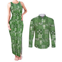 Vintage Hawaiian Quilting Patterns Couples Matching Tank Maxi Dress and Long Sleeve Button Shirt Green Style Tribal Fabric Patchwork - Polynesian Pride