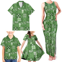 Vintage Hawaiian Quilting Patterns Family Matching Tank Maxi Dress and Hawaiian Shirt Green Style Tribal Fabric Patchwork - Polynesian Pride