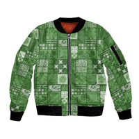 Vintage Hawaiian Quilting Patterns Sleeve Zip Bomber Jacket Green Style Tribal Fabric Patchwork LT9 Unisex Green - Polynesian Pride