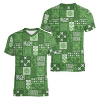 Vintage Hawaiian Quilting Patterns Women V-Neck T-Shirt Green Style Tribal Fabric Patchwork - Polynesian Pride