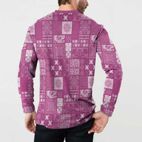Vintage Hawaiian Quilting Patterns Button Sweatshirt Pink Style Tribal Fabric Patchwork - Polynesian Pride