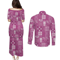 Vintage Hawaiian Quilting Patterns Couples Matching Puletasi and Long Sleeve Button Shirt Pink Style Tribal Fabric Patchwork LT9 - Polynesian Pride