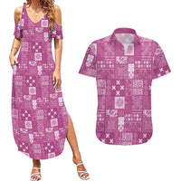 Vintage Hawaiian Quilting Patterns Couples Matching Summer Maxi Dress and Hawaiian Shirt Pink Style Tribal Fabric Patchwork - Polynesian Pride