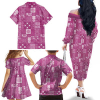 Vintage Hawaiian Quilting Patterns Family Matching Off The Shoulder Long Sleeve Dress and Hawaiian Shirt Pink Style Tribal Fabric Patchwork LT9 - Polynesian Pride