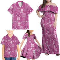 Vintage Hawaiian Quilting Patterns Family Matching Off Shoulder Maxi Dress and Hawaiian Shirt Pink Style Tribal Fabric Patchwork - Polynesian Pride
