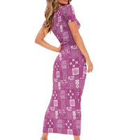 Vintage Hawaiian Quilting Patterns Family Matching Short Sleeve Bodycon Dress and Hawaiian Shirt Pink Style Tribal Fabric Patchwork - Polynesian Pride