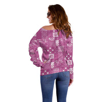 Vintage Hawaiian Quilting Patterns Off Shoulder Sweater Pink Style Tribal Fabric Patchwork - Polynesian Pride