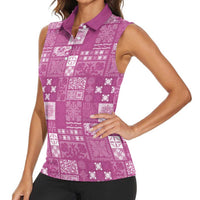 Vintage Hawaiian Quilting Patterns Women Sleeveless Polo Shirt Pink Style Tribal Fabric Patchwork - Polynesian Pride