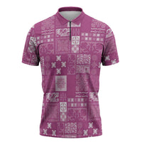 Vintage Hawaiian Quilting Patterns Zipper Polo Shirt Pink Style Tribal Fabric Patchwork - Polynesian Pride