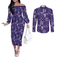 Vintage Hawaiian Quilting Patterns Couples Matching Off The Shoulder Long Sleeve Dress and Long Sleeve Button Shirt Purple Style Tribal Fabric Patchwork - Polynesian Pride