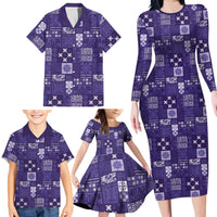 Vintage Hawaiian Quilting Patterns Family Matching Long Sleeve Bodycon Dress and Hawaiian Shirt Purple Style Tribal Fabric Patchwork LT9 - Polynesian Pride