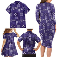 Vintage Hawaiian Quilting Patterns Family Matching Long Sleeve Bodycon Dress and Hawaiian Shirt Purple Style Tribal Fabric Patchwork LT9 - Polynesian Pride