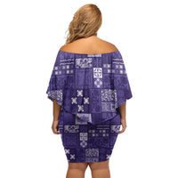 Vintage Hawaiian Quilting Patterns Off Shoulder Short Dress Purple Style Tribal Fabric Patchwork - Polynesian Pride