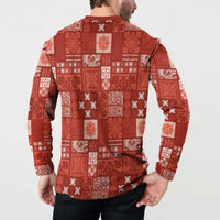 Vintage Hawaiian Quilting Patterns Button Sweatshirt Red Style Tribal Fabric Patchwork - Polynesian Pride