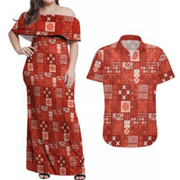 Vintage Hawaiian Quilting Patterns Couples Matching Off Shoulder Maxi Dress and Hawaiian Shirt Red Style Tribal Fabric Patchwork - Polynesian Pride