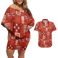 Vintage Hawaiian Quilting Patterns Couples Matching Off Shoulder Short Dress and Hawaiian Shirt Red Style Tribal Fabric Patchwork - Polynesian Pride