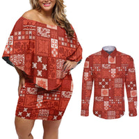 Vintage Hawaiian Quilting Patterns Couples Matching Off Shoulder Short Dress and Long Sleeve Button Shirt Red Style Tribal Fabric Patchwork - Polynesian Pride