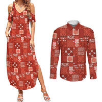 Vintage Hawaiian Quilting Patterns Couples Matching Summer Maxi Dress and Long Sleeve Button Shirt Red Style Tribal Fabric Patchwork - Polynesian Pride