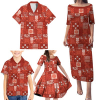 Vintage Hawaiian Quilting Patterns Family Matching Puletasi and Hawaiian Shirt Red Style Tribal Fabric Patchwork - Polynesian Pride
