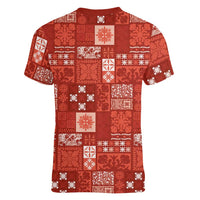 Vintage Hawaiian Quilting Patterns Women V-Neck T-Shirt Red Style Tribal Fabric Patchwork - Polynesian Pride