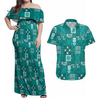 Vintage Hawaiian Quilting Patterns Couples Matching Off Shoulder Maxi Dress and Hawaiian Shirt Turquoise Style Tribal Fabric Patchwork - Polynesian Pride