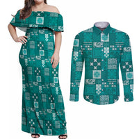 Vintage Hawaiian Quilting Patterns Couples Matching Off Shoulder Maxi Dress and Long Sleeve Button Shirt Turquoise Style Tribal Fabric Patchwork - Polynesian Pride