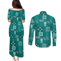 Vintage Hawaiian Quilting Patterns Couples Matching Puletasi and Long Sleeve Button Shirt Turquoise Style Tribal Fabric Patchwork - Polynesian Pride