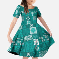 Vintage Hawaiian Quilting Patterns Family Matching Off The Shoulder Long Sleeve Dress and Hawaiian Shirt Turquoise Style Tribal Fabric Patchwork LT9 Daughter's Dress Turquoise - Polynesian Pride